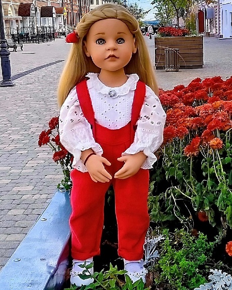 Комбинезон из микровельвета и блуза из шитья "Ажурные полосы" для куколки