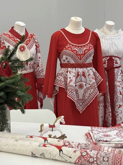 Коллекция "Огнеда" из рогожки и ситца "Мезенская роспись - кони"