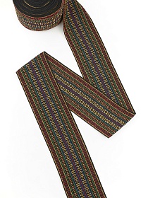 Лента тканая для поясов (кушак), 120мм Цветные дорожки (желтая строчка) на черном
